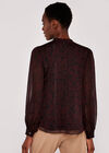 Folk Leaf Tie Neck Cuff Sleeve Top, Burgundy, large
