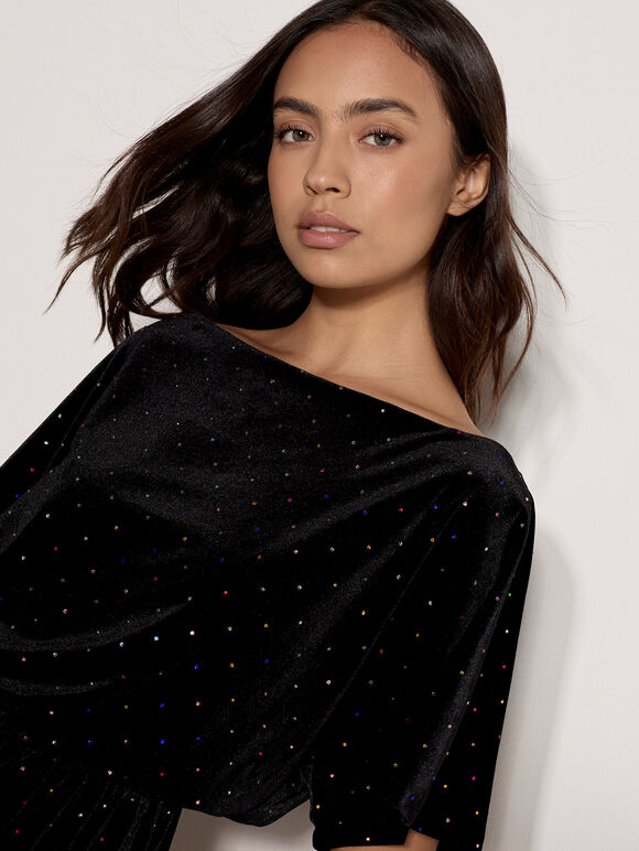 Multicolour Gem Velvet Mini Dress, Black, large