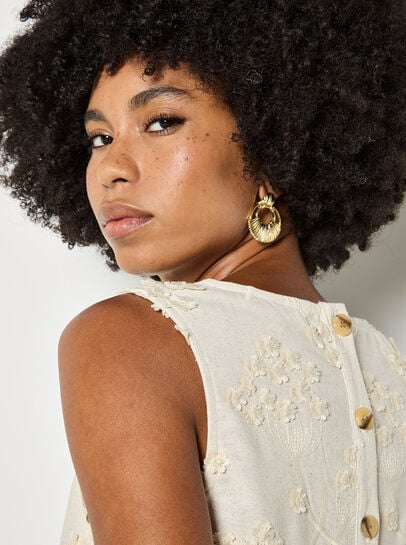 Embroidered Floral Linen Blend Shell Top