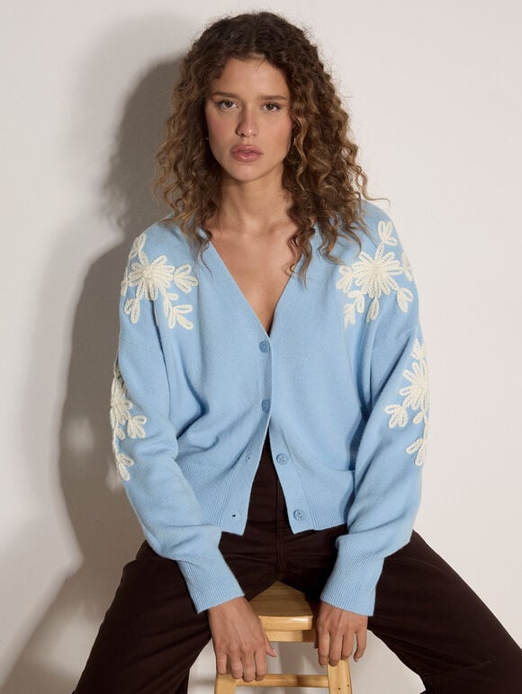 Floral Applique Cardigan, Sky Blue, large