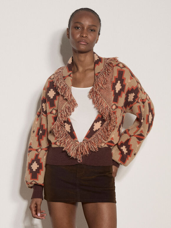 Soft Boho Geo Fringe Cardigan, Brown, large