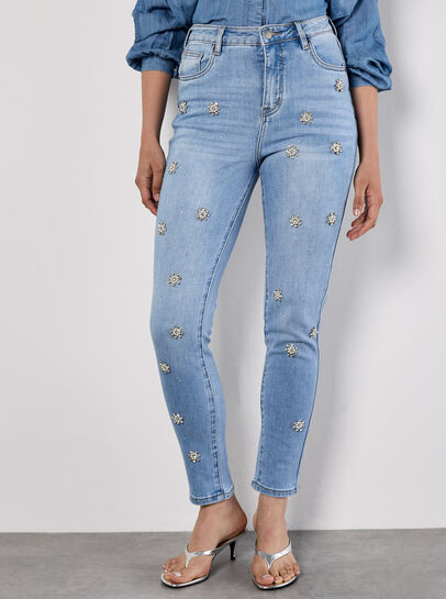 Slim Fit Rhinestone Pearl Jeans