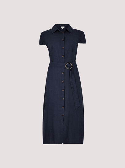 Linen Blend Belted Shirt Midi Dress