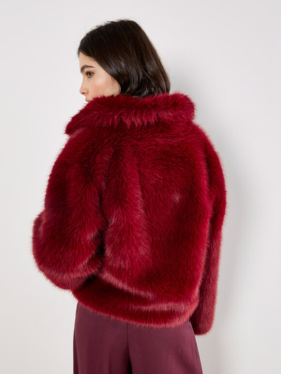Faux Fur Short Coat, Burgundy, large