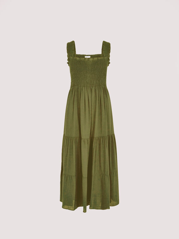 Smock Tiered Midi Dress, Khaki, large