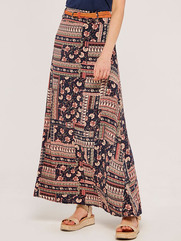 Patchwork Belted Skirt, Navy, large