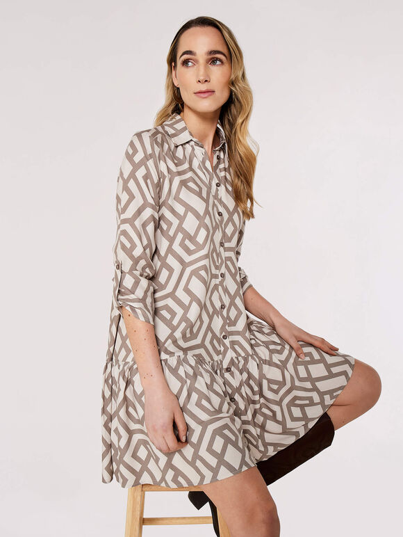 Geometric Print Mini Dress, Stone, large