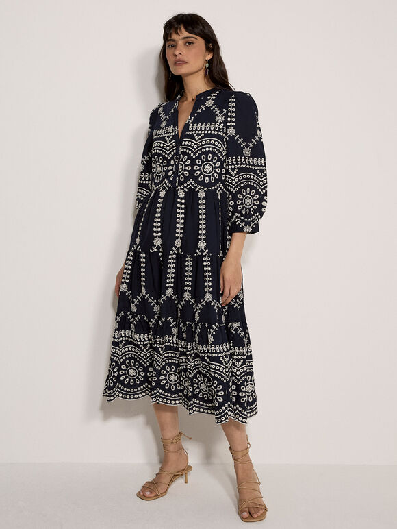 Floral Broderie Anglaise Midi Dress, Navy, large
