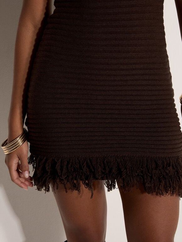 Rib Knit Fringe Bodycon Mini Dress, Brown, large
