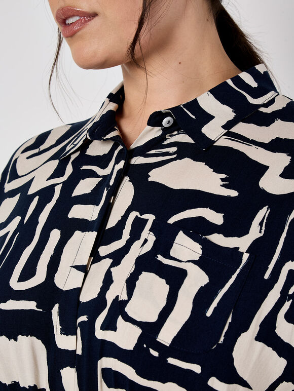 Geo Grecian Shirt Midi Dress, Navy, large