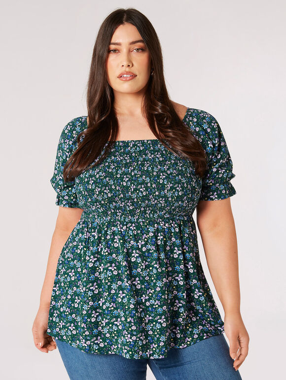 Curve Daisy Floral Milkmaid Top, Grün, groß