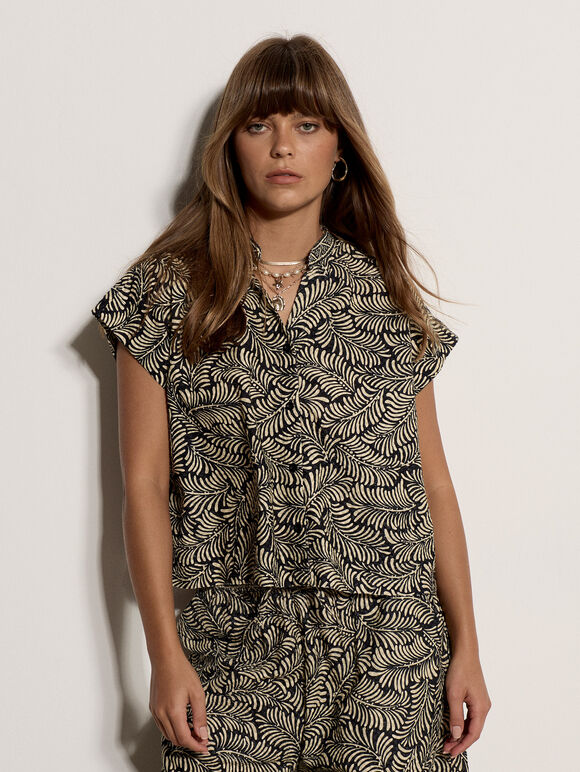 Leaf Print Cotton Shirt, Black, large