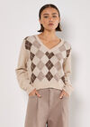 Cropped Argyle Jumper, Stone, large