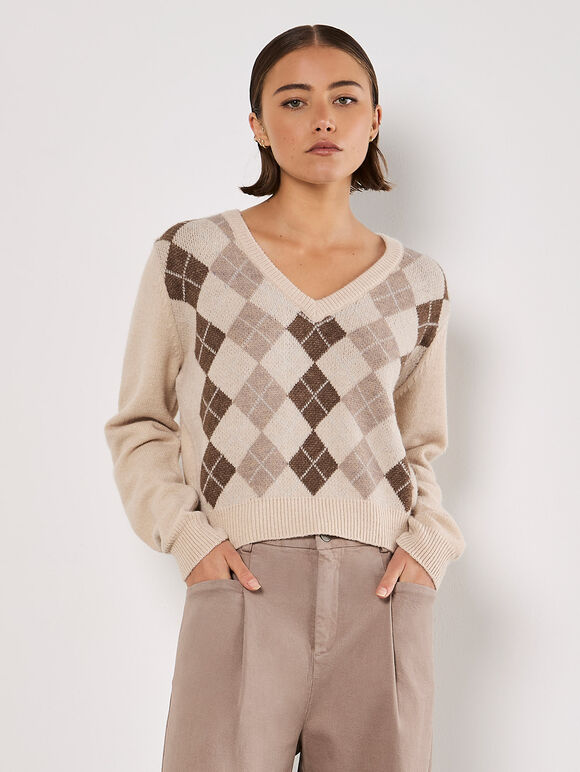 Cropped Argyle Jumper, Stone, large