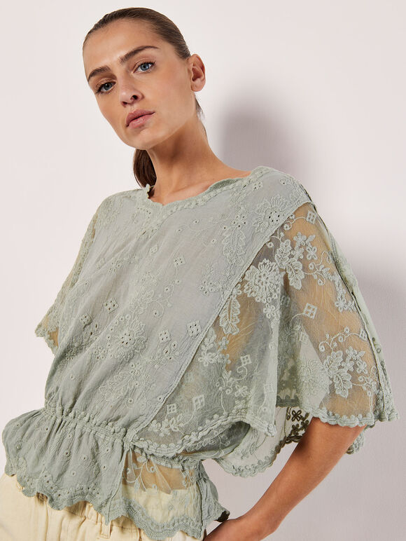 Floral Broderie Batwing Top, Mint, large