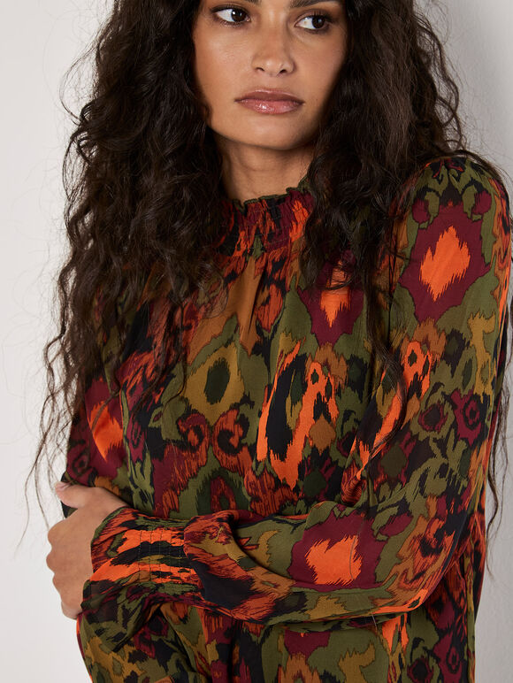 Ikat Print Chiffon Blouse, Khaki, large