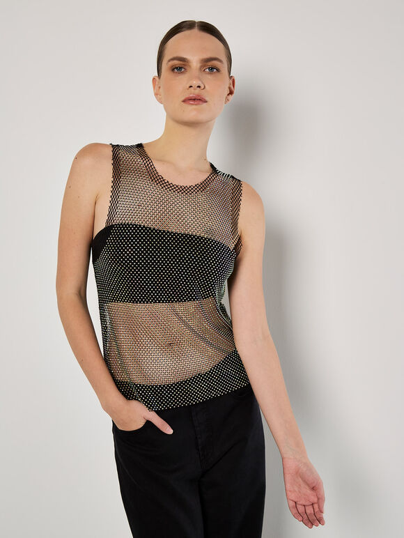 Diamante Mesh Sleeveless Top, Black, large