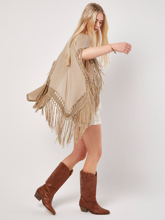 Slub Shimmer Fringe Cover-Up Cardigan, Stone, groß