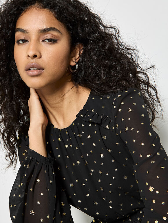 Gold Foil Star Chiffon Mini Dress, Black, large