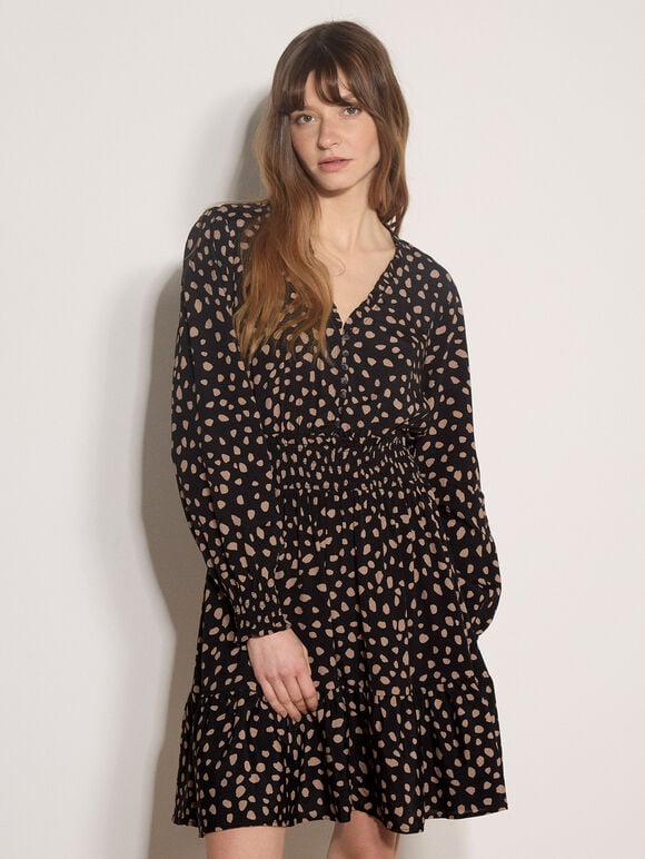 Irregular Spot Crepe Mini Dress, Black, large