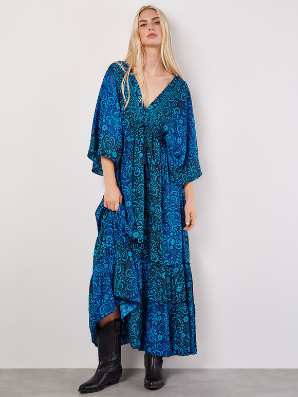 Geblümtes Kimono-Maxikleid aus Satin, Marineblau, Größe L