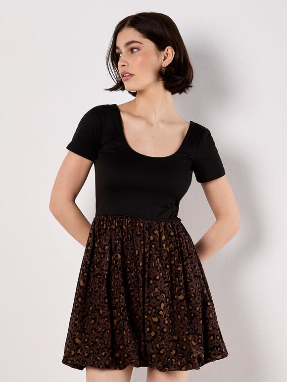 Leopard Print Jersey Mini Dress, Brown, large