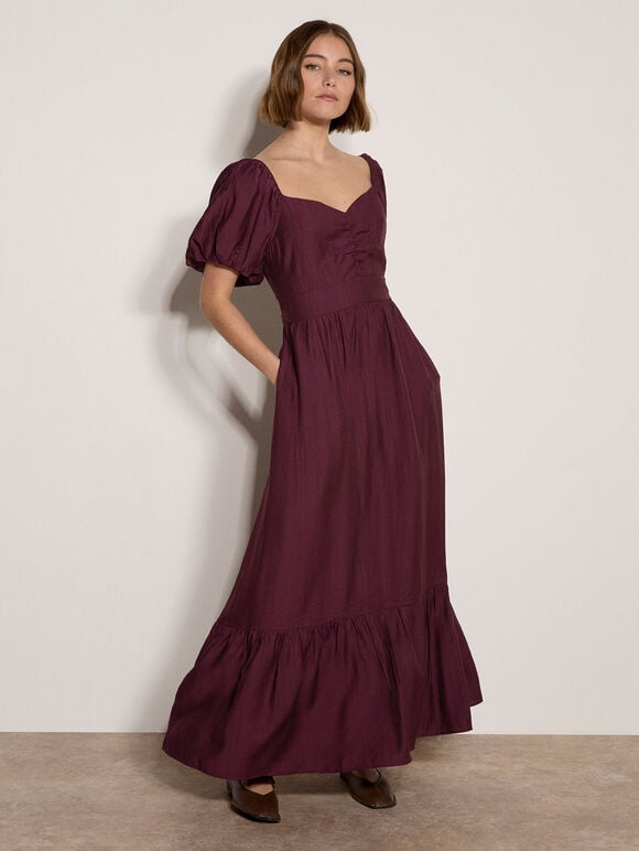 Smocked Shimmer Maxi Dress, Burgundy, large