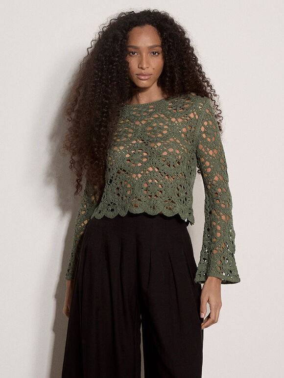 Boho Floral Crochet Top, Khaki, large