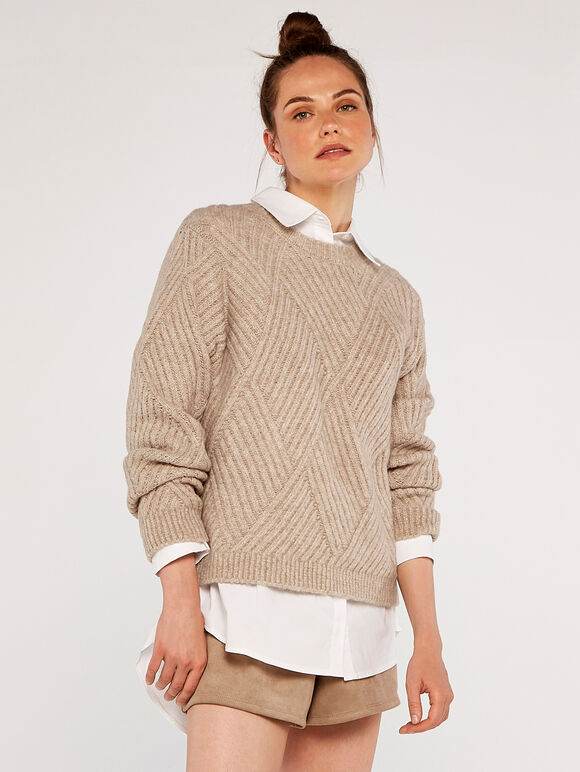Diamond Knit Jumper, Stone, large