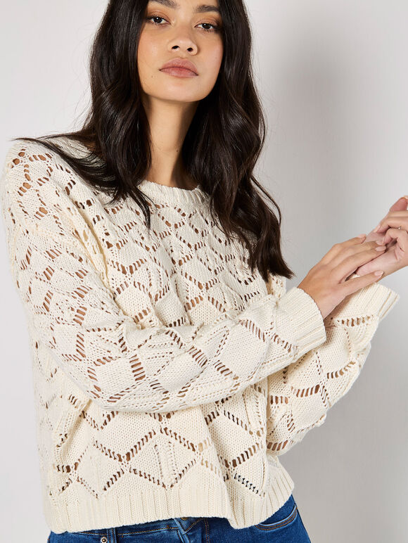 Diamond Pointelle Boxy Jumper, Cream, large