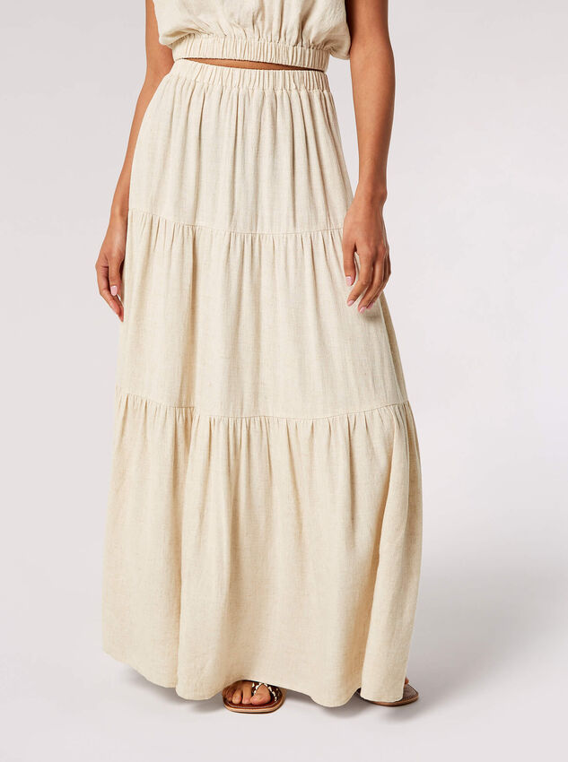 Linen Blend Tiered Maxi Skirt, Stone, large