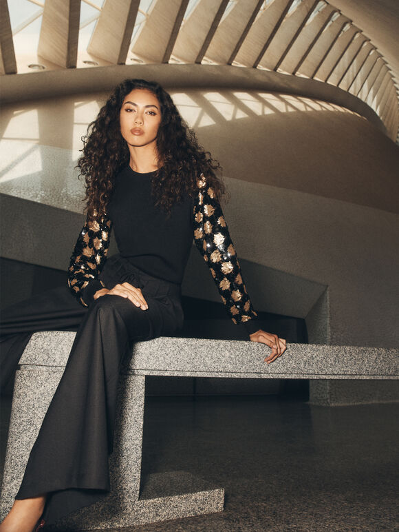 Sequin Arm Embellished Jumper, Black, large