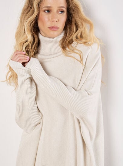 Roll Neck Fringe Poncho Jumper