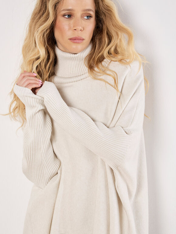 Roll Neck Fringe Poncho Jumper, Cream, large
