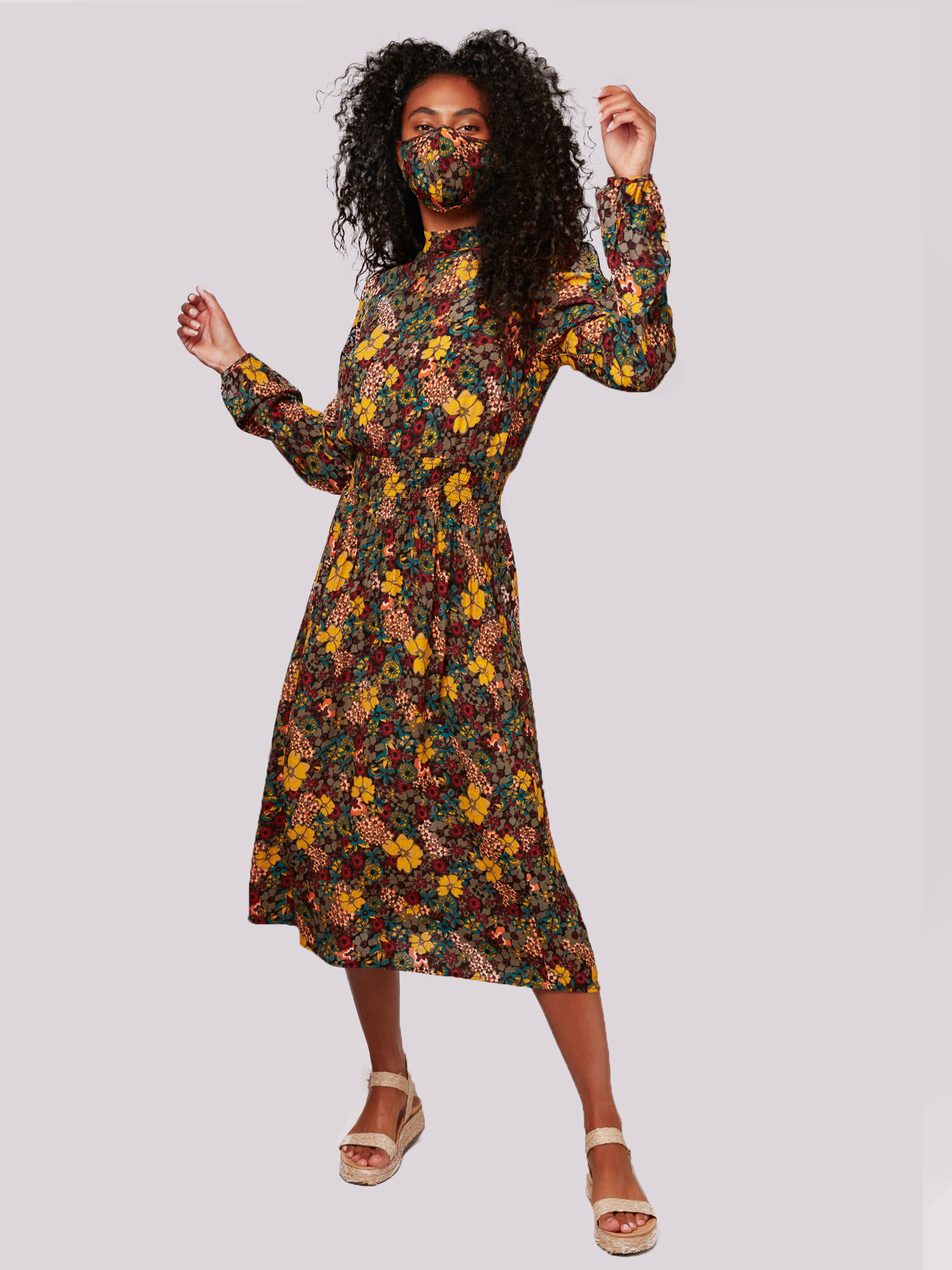 Retro Floral Smock Waist Midi Dress Apricot Clothing