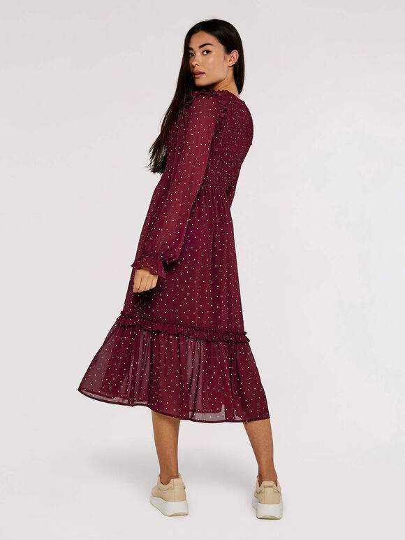 Polka Dot Smocked Midi Dress, Burgundy, large