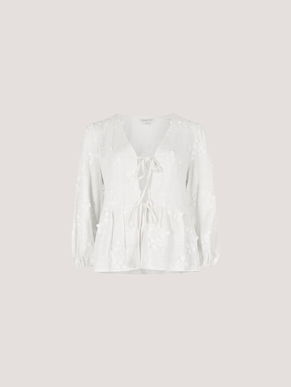 Floral Applique Tie Front Top, White, large