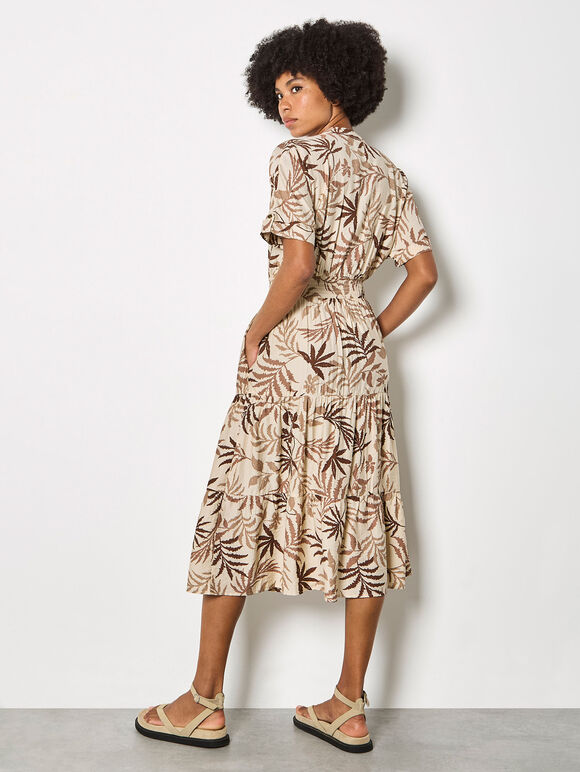 Tropical Leaf Zip-Down Midi Dress, Stone, large