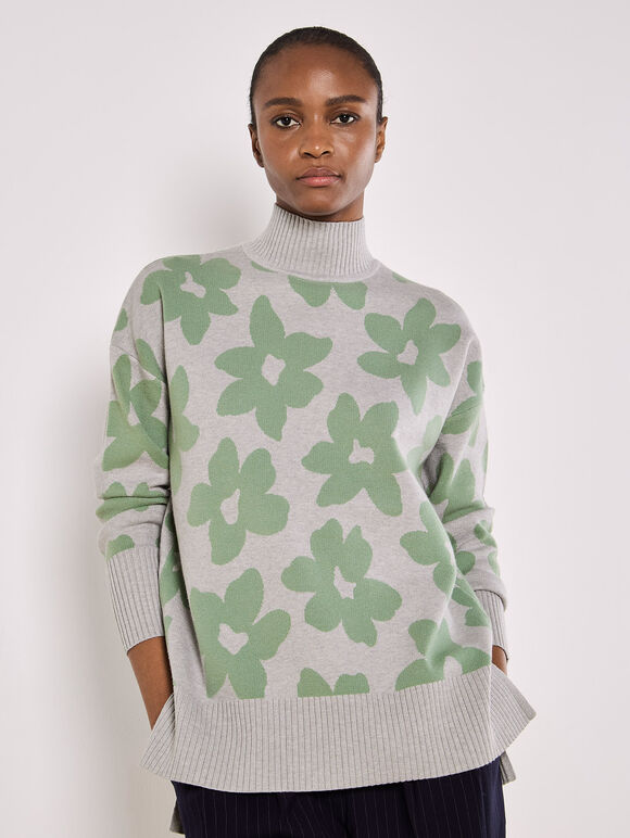 Flower Oversized Mock Neck Jumper, Grey, large