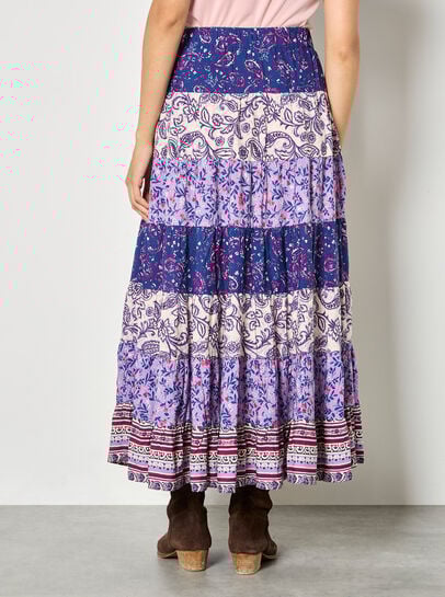 Patchwork Print Tiered Maxi Skirt