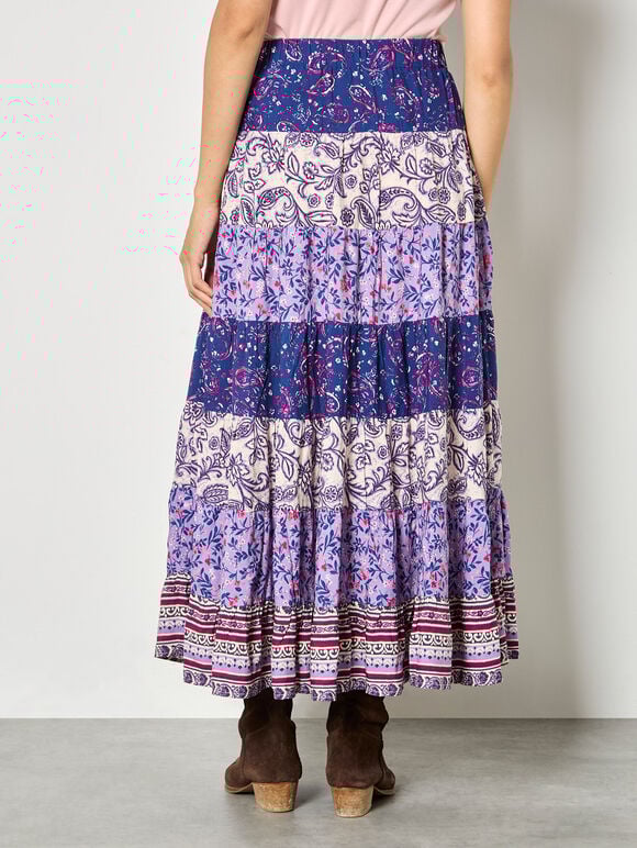 Patchwork Print Tiered Maxi Skirt, Purple, large