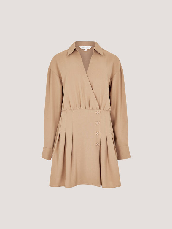 Wrap Shirt Mini Dress, Stone, large