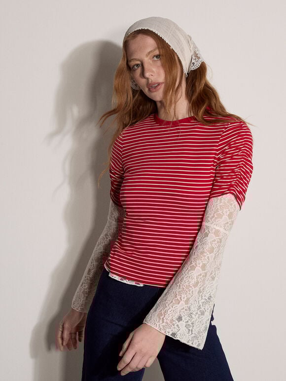 Ruched Sleeves Stripe Top, Red, large