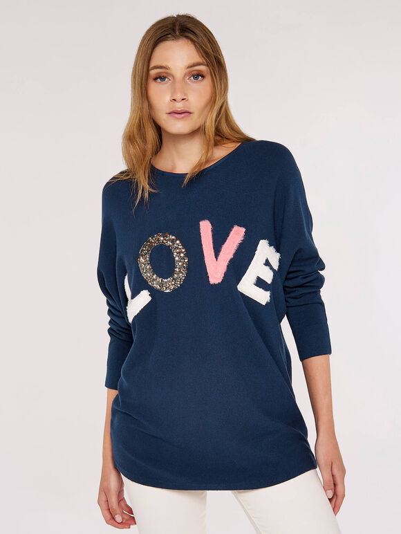 Sequin Love Jumper, Navy, large