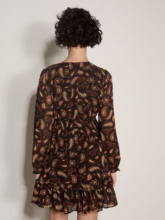 Chiffon Ruffle Paisley Mini Dress, Black, large