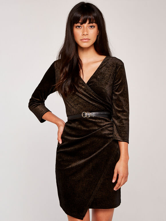 Velvet Wrap Dress, Black, large
