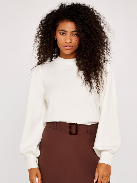 Volume Sleeve Crew Neck Jumper, Cream, large