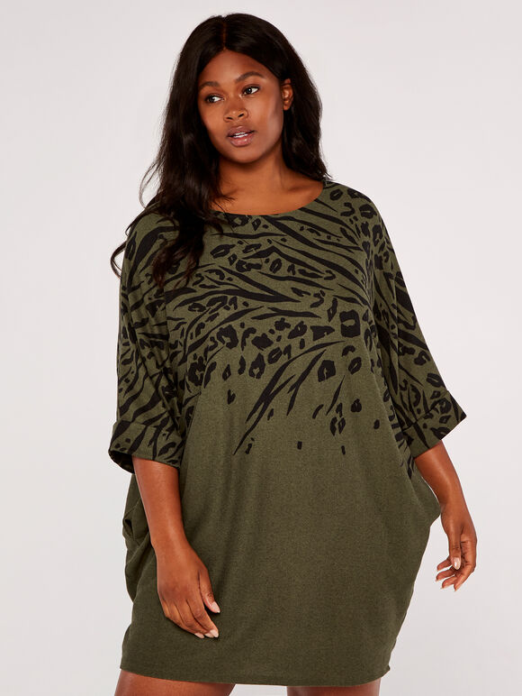 Curve Leopard & Zebra Cocoon Dress, Khaki, large