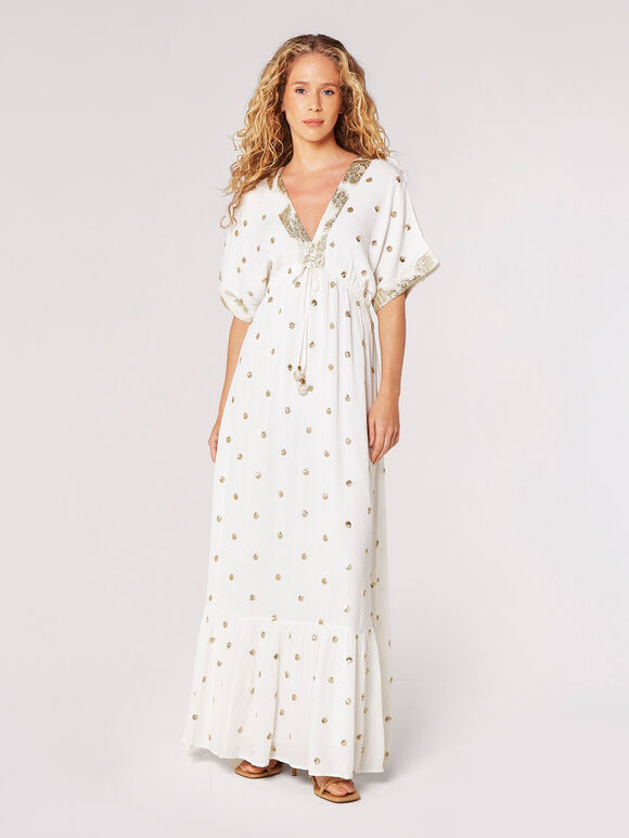 Pailletten-Punkt-Kaftan-Maxikleid, Creme, Größe L