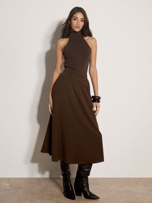 Roll Neck Knitted Tank Top, Brown, large